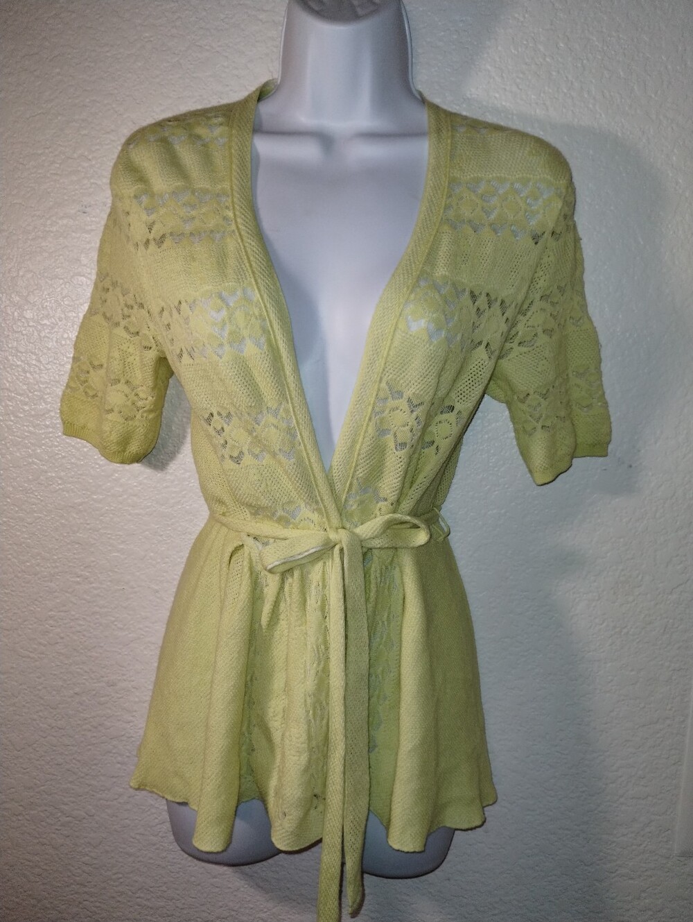 Knitted & Knotted Cardigan Soft Yellow Open Weave Details Tie Waist Anthro